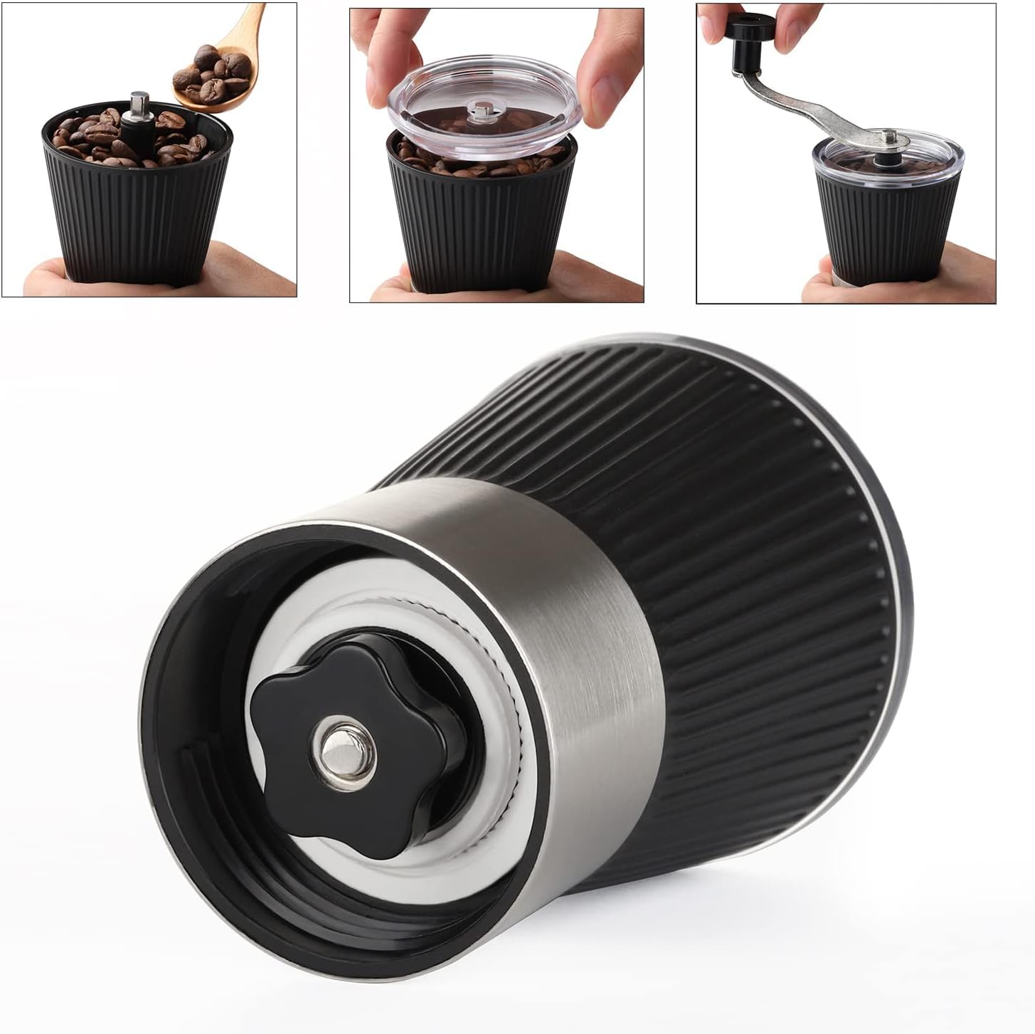 Manual Coffee Grinder, Hand Grinder Coffee Mill with Adjustable Conical Ceramic Burr for Aeropress, Espresso, Filter, French Press, Coffee Beans Grinder - Capacity 160ml (Black)