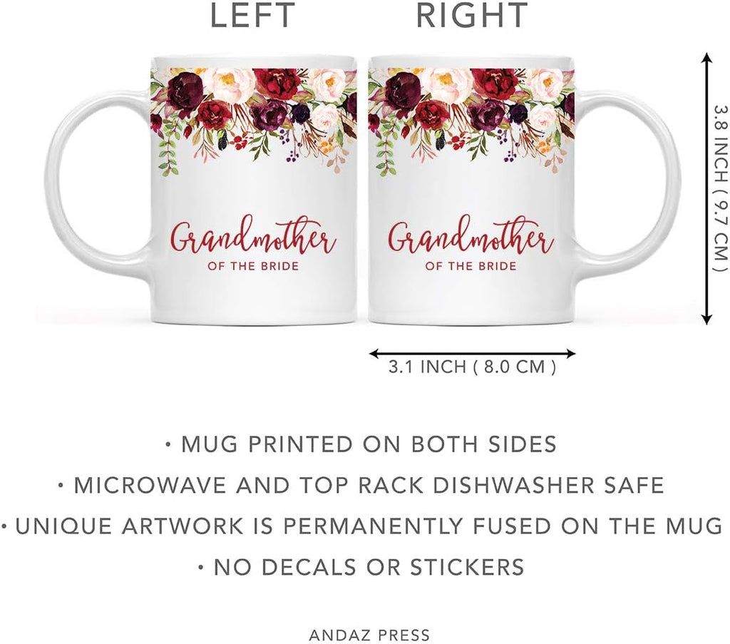 Andaz Press 11oz. Wedding Ceramic Coffee Tea Mug Gift, Fall Autumn Marsala Burgundy Flowers Roses Florals, Grandmother of the Bride, 1-Pack, Includes Gift Box