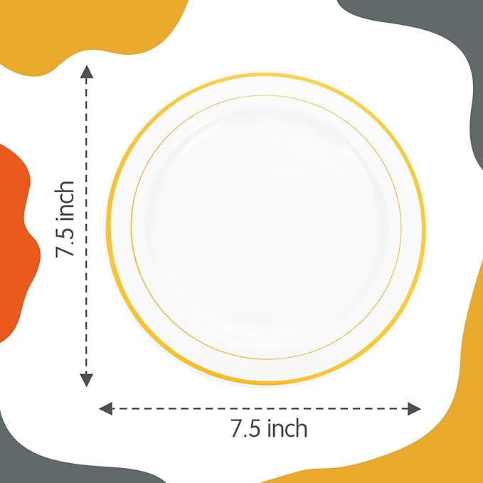 WELLIFE 144Pcs Gold Dessert Plates, 7.5 Inch Plastic Appetizer plates, Heavy Duty plastic Party Plates, White and Gold Plastic plate for Party and Wedding