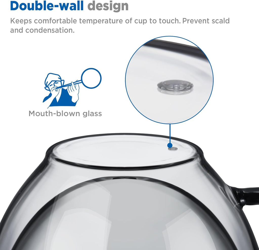 ecooe Black Double Walled Glass Coffee Mug 12 oz Latte Cappuccino Cups Set of 2 Coffee Cups with Handle, Heat Resistant Double Wall Glass Cup for Tea Milk Juice Ice Cream, Birthday Gifts for Mum Dad