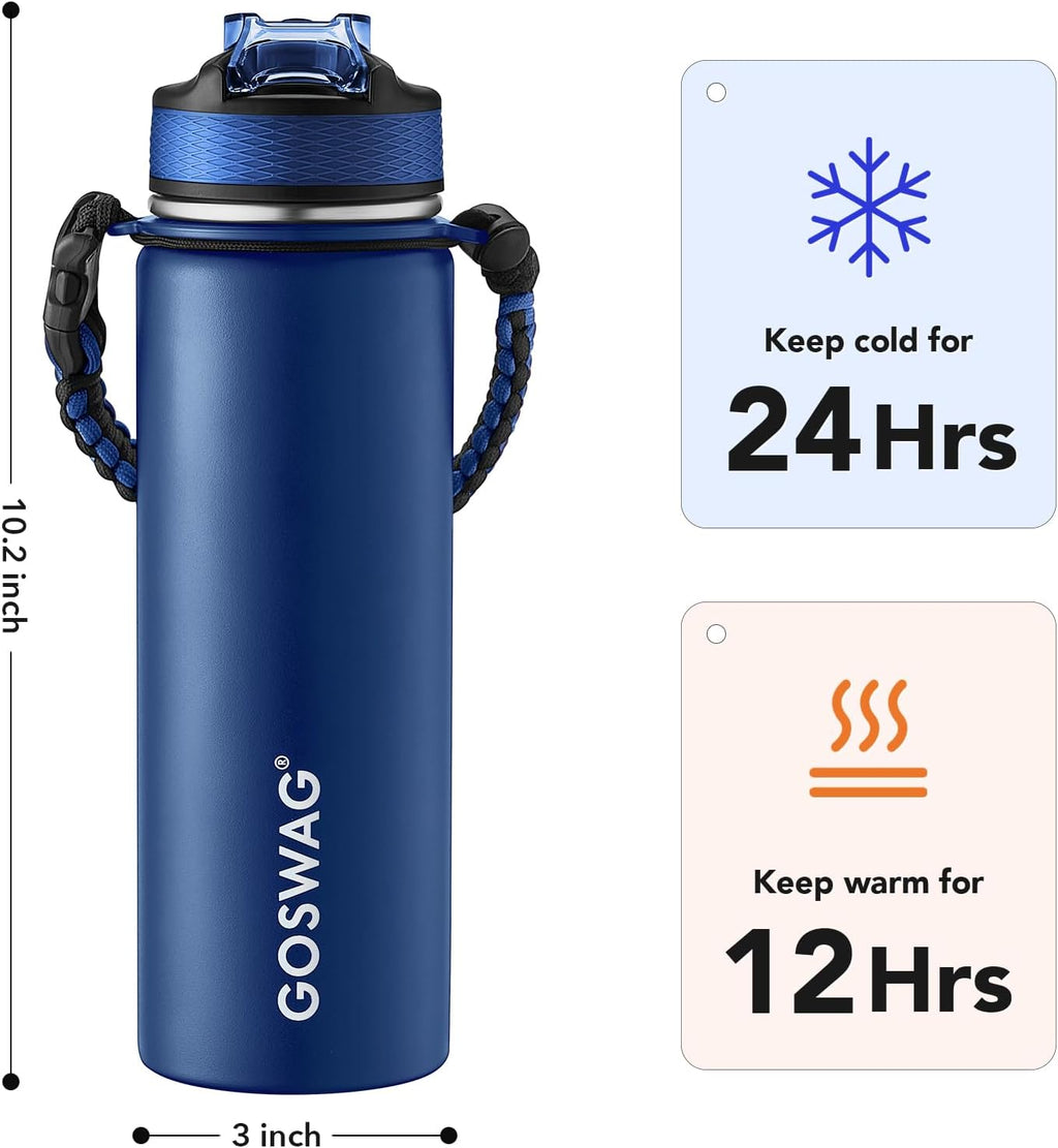 GOSWAG Insulated Sports Water Bottle, 24oz 2 Lids(with Straw/No Straw), Stainless Steel Water Bottles with Paracord Handle, Insulated Bottle with Double-Wall Vacuum Insulation