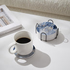 Set of 6 Abstract Navy Blue Marble Coasters with Holder, Absorbent Ceramic Drink Coasters for Table Protection, Housewarming Gifts for New Home