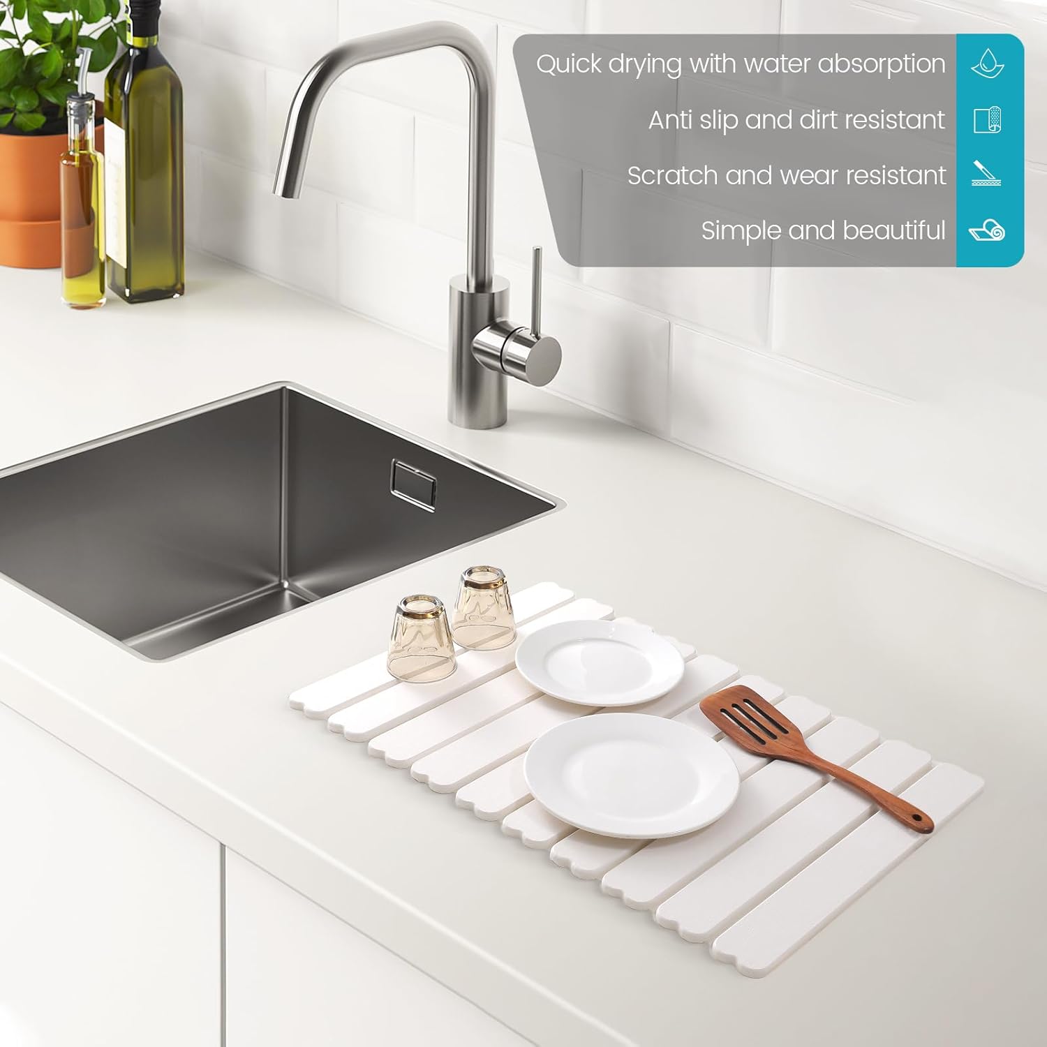 Extral Large Quick Dry Stone Drying Mat for Kitchen Counter,24x16 Inch Collapsible Eco-Friendly Absorbent Diatomaceous Earth Mat for Dishes Cups,Dish Drying Mats (White-Love Shape, 24x16 inch)