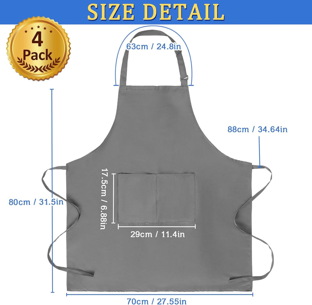 4 Pack Chef Apron, Adjustable Apron with 2 Pockets, Unisex Personalised Apron for Cooking, Kitchen, Restaurant