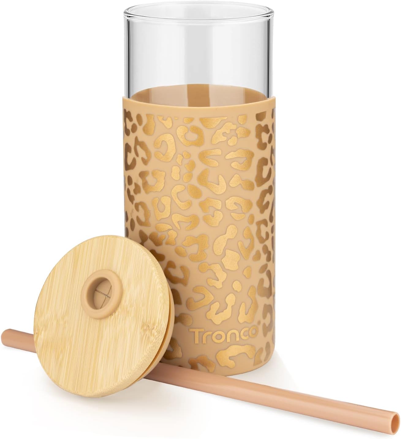 Tronco 20 oz Glass Tumbler with Straw and Lid- Glass Cup with Lid and Straw, Iced Coffee Cup Reusable, Smoothie Cups, Bamboo Lid and Protective Silicone Sleeve - BPA-Free