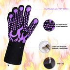 Comsmart BBQ Gloves, 1472 Degree F Heat Resistant Grilling Gloves Silicone Non-Slip Oven Gloves Long Kitchen Gloves for Barbecue, Cooking, Baking(Purple)