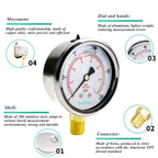 ELECALL 2-1/2” Glycerin Filled Pressure Gauge, 0-100Psi, 1/4”NPT Lower Mount, Stainless Steel Case, Brass Internals, Water Pressure Gauge