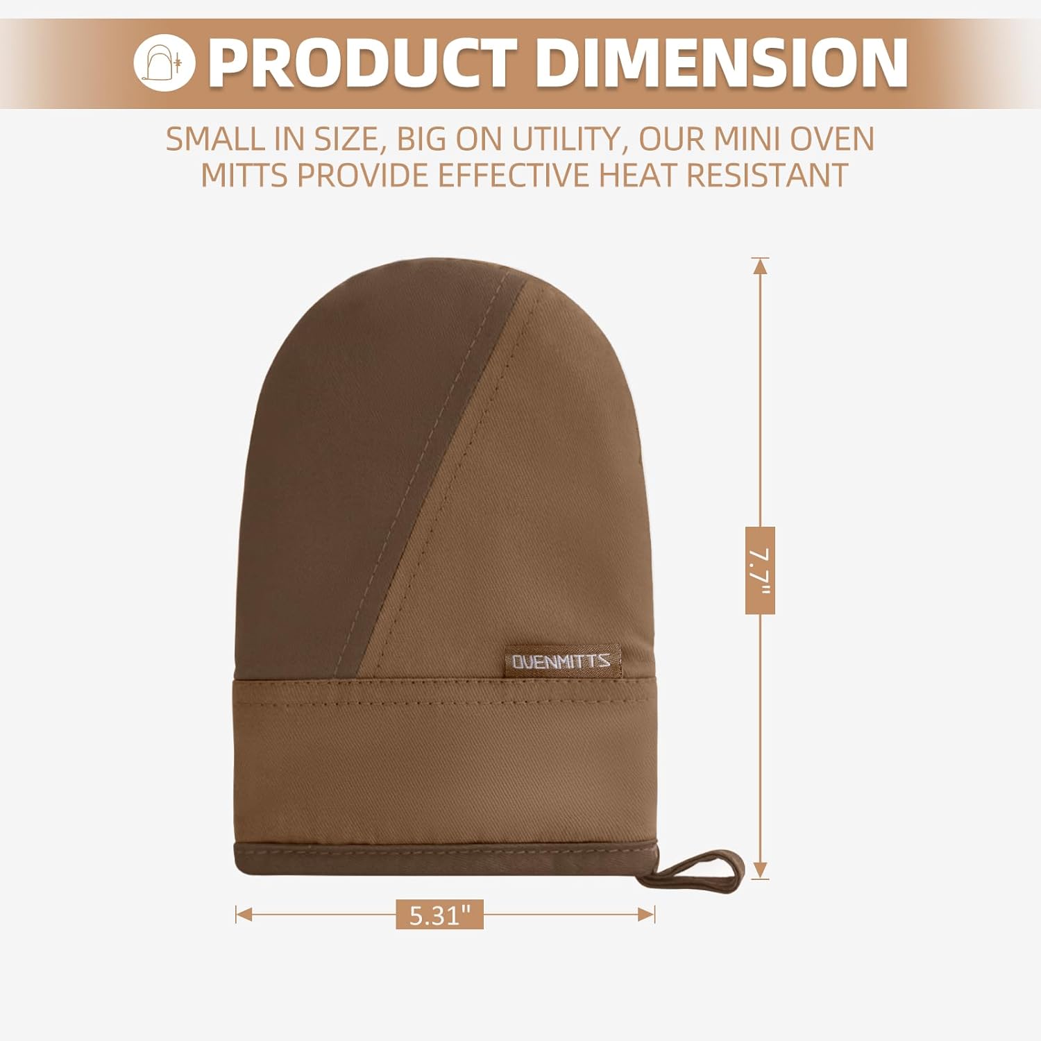 Mini Oven Mitts, Kitchen Oven Gloves Kitchen Mittens 500 Degrees Heat Resistant Baking Gloves, Non-Slip Silicone Surface with Hanging Loops Hot Gloves for Cooking, Baking, BBQ 1 Pair-Brown