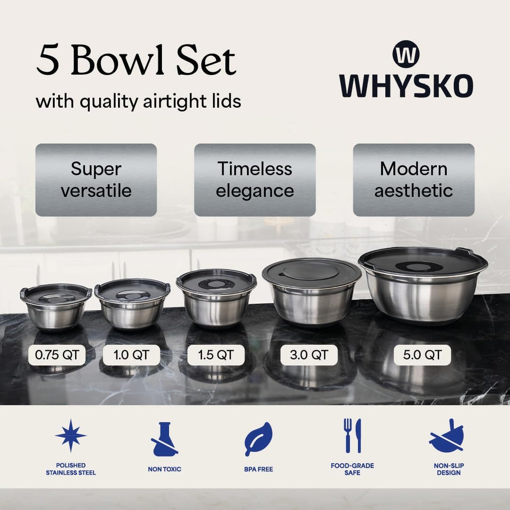 WHYSKO Stainless Steel Mixing Bowls with Lids Set - 5 Rustproof Metal Nesting Mixing Bowls for Kitchen, Meal Prep, Baking, Cooking, Storage - Includes 3 Grater Attachments, Dishwasher Safe