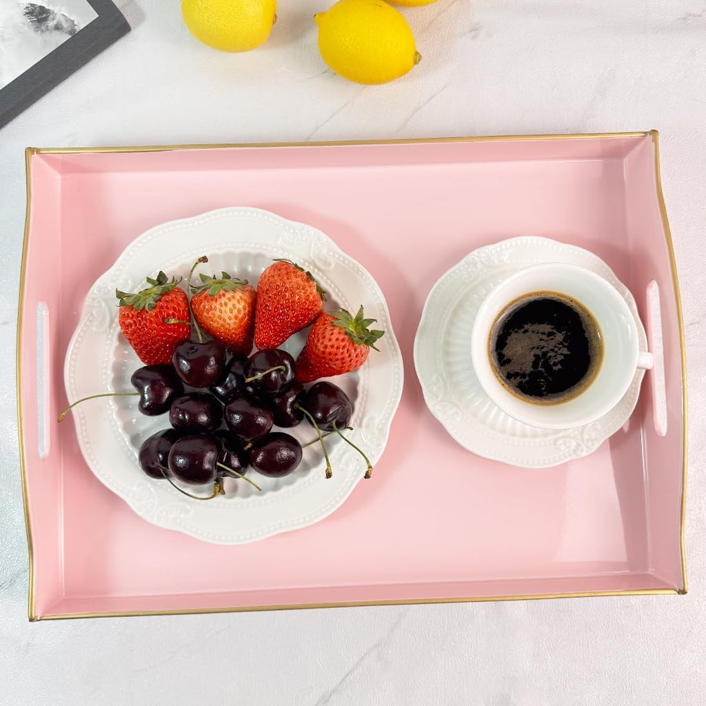 Pink Serving Tray with Handles, Plastic Decorative Tray for Coffee Table, Ottoman - Ideal for Living Room & Bathroom. 15” x 11” x 2.5”
