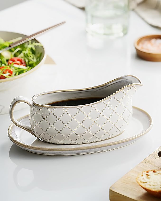 Getstar Gravy Boat with Saucer, Cranberry Sauce Dish Thanksgiving, Ceramic Gravy Dish Bowl, Microwave & Dishwasher Safe (Embossed Checks)