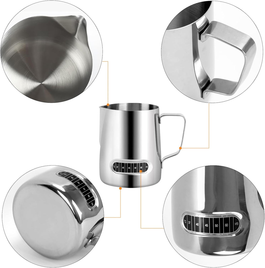 Milk Frothing Pitcher 20 oz, 2Pcs Milk Frother Cup with Thermometer Stainless Steel Milk Steamer Frother Temp Control Milk Jug Latte Milk Frother Thermometer Coffee Shop Accessories