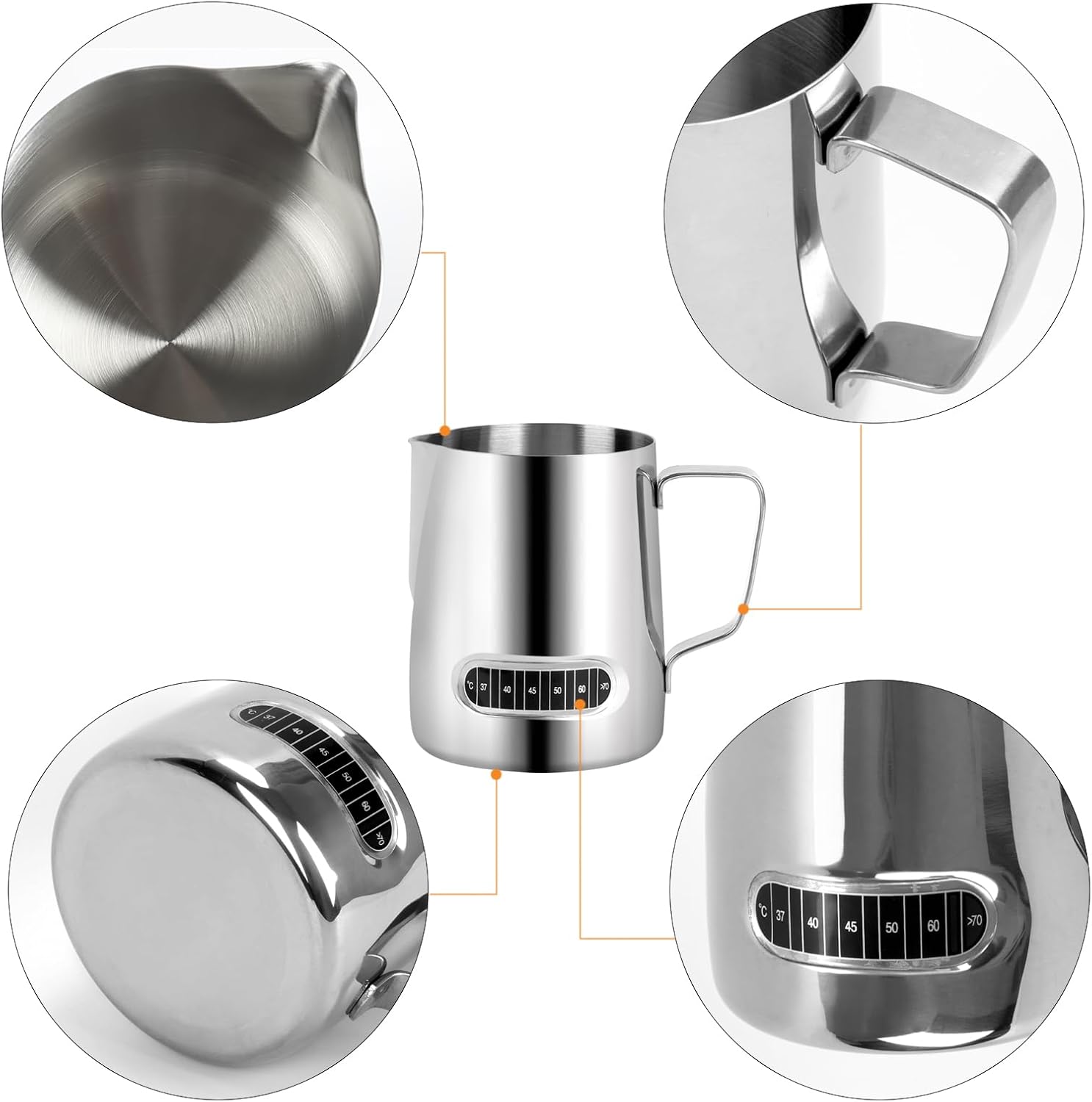 Milk Frothing Pitcher 20 oz, 2Pcs Milk Frother Cup with Thermometer Stainless Steel Milk Steamer Frother Temp Control Milk Jug Latte Milk Frother Thermometer Coffee Shop Accessories