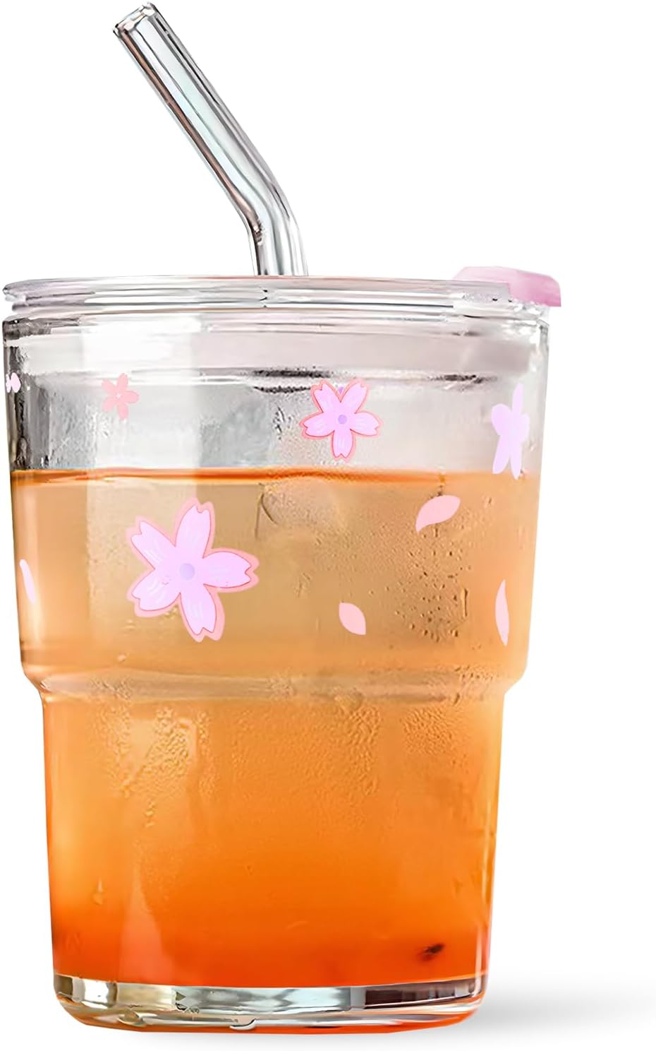 Iced Coffee Cup, 15Oz/450ml With Lids and Straws, Thick Wall Glass Mug for Tea Water, Cute Tumbler Gifts (Pink)
