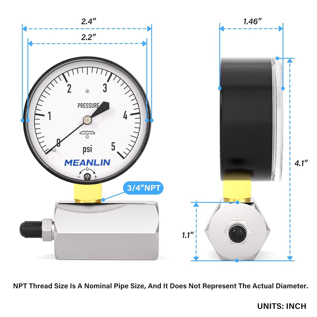 MEANLIN MEASURE 0-5Psi Diaphragm Type Capsule Low Pressure Gauge with 3/4" FNPT Connection Valve, 2-1/2" FACE DIAL Adjustable Air Test Pressure Gauge