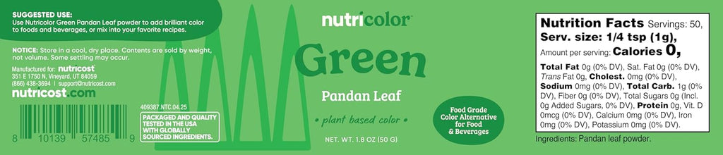 Nutricost Green Plant Based Food Coloring From Pandan Leaf Powder (50 Servings) - Nutricolor Color Alternative For Food & Beverages