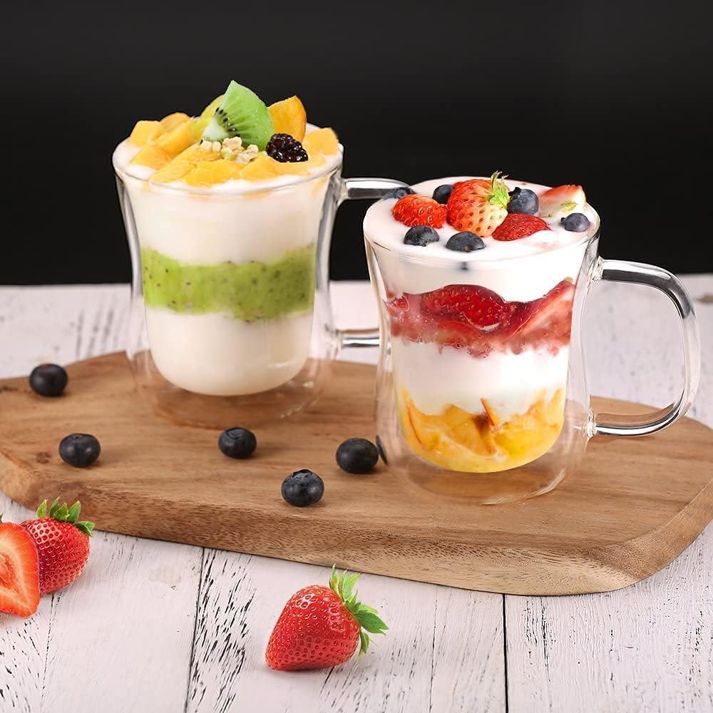 ecooe 12 oz Double Walled Glass Coffee Mug Latte Cappuccino Cups Set of 2, Clear Glass Coffee Cups with Handle, Insulated Coffee Cup Borosilicate Heat Resistant Double Wall Glass Coffee Mug Tea Cups