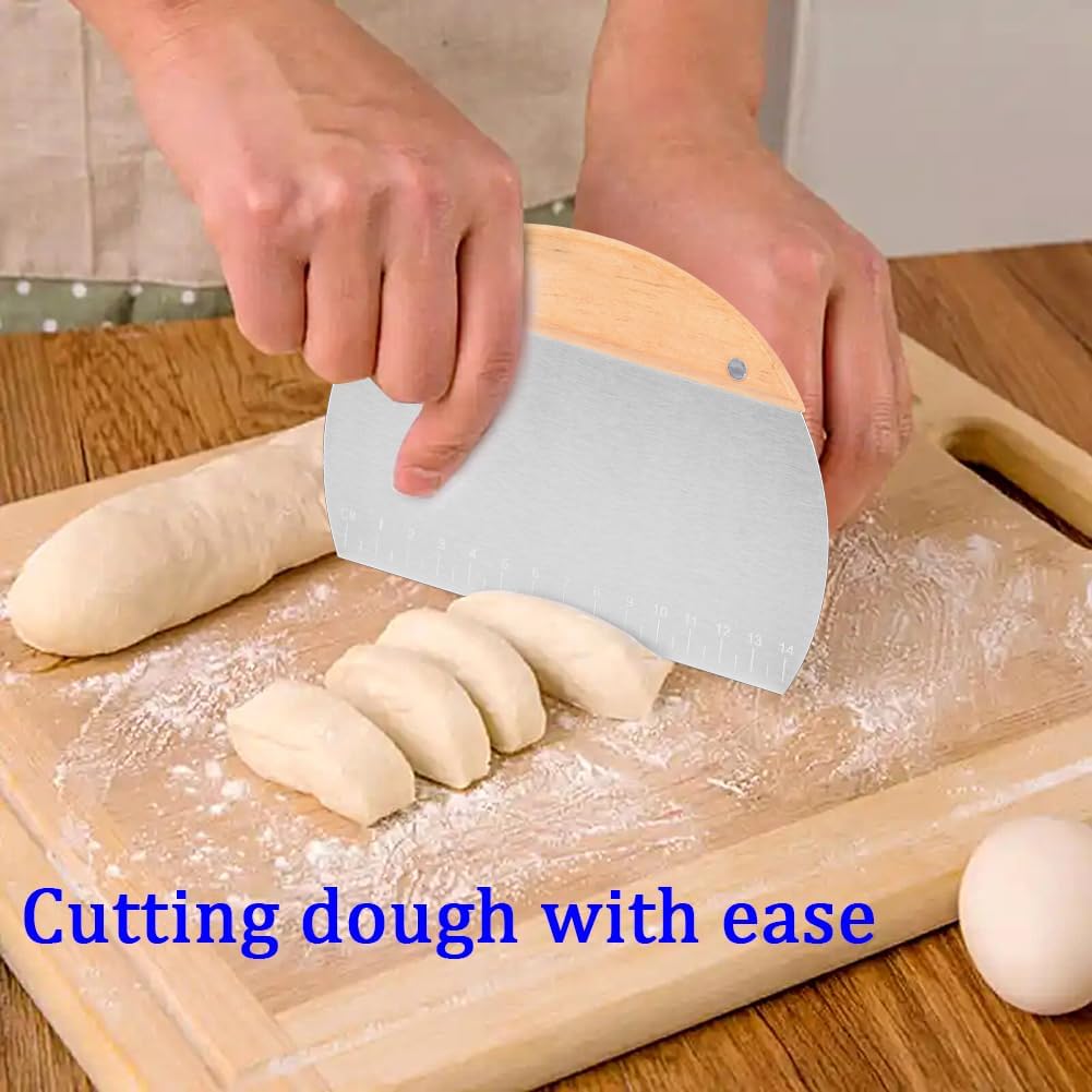 Kichwit 2 Pack 304 Stainless Steel Grill Scrapers with Wood Handle, Dough Scraper, Cake & Pizza Cutter, Multi-Purpose Scraper Tool for Kitchen