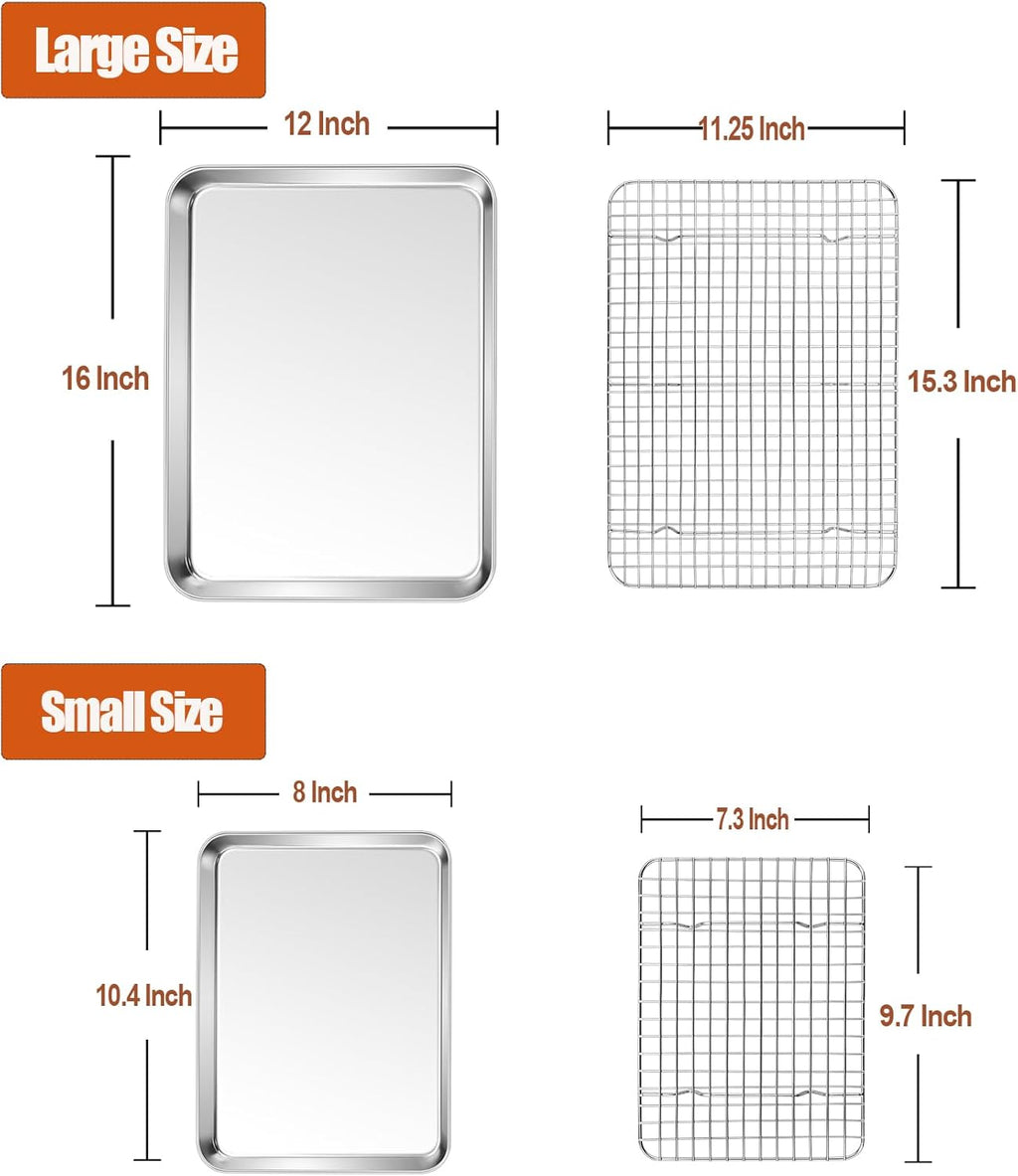 P&P CHEF 16 + 10.4 Inch Baking Sheet and Rack Set, Stainless Steel Cookie Sheets Oven Baking Pans Trays with Cooling Racks for Cooking & Roasting, Oven & Dishwasher Safe, (4Pcs)