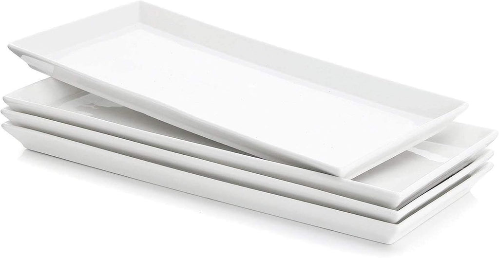 Sweese Rectangular Porcelain Platters, Serving Trays for Parties, 13.8 Inch Large Serving Dishes for Steak, Taco, Sushi, Appetizer, Cake - Dishwasher & Oven Safe - Set of 4, White
