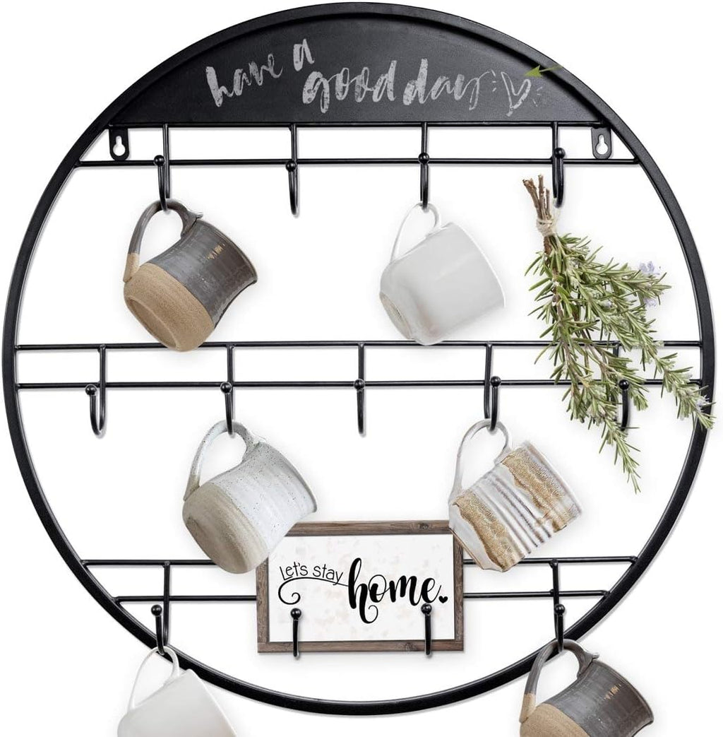 AJART Coffee Bar Decor Mug Holder: 22" Round Square Coffee Cup Rack for Home Kitchen Office Dining Room Cafe Bar