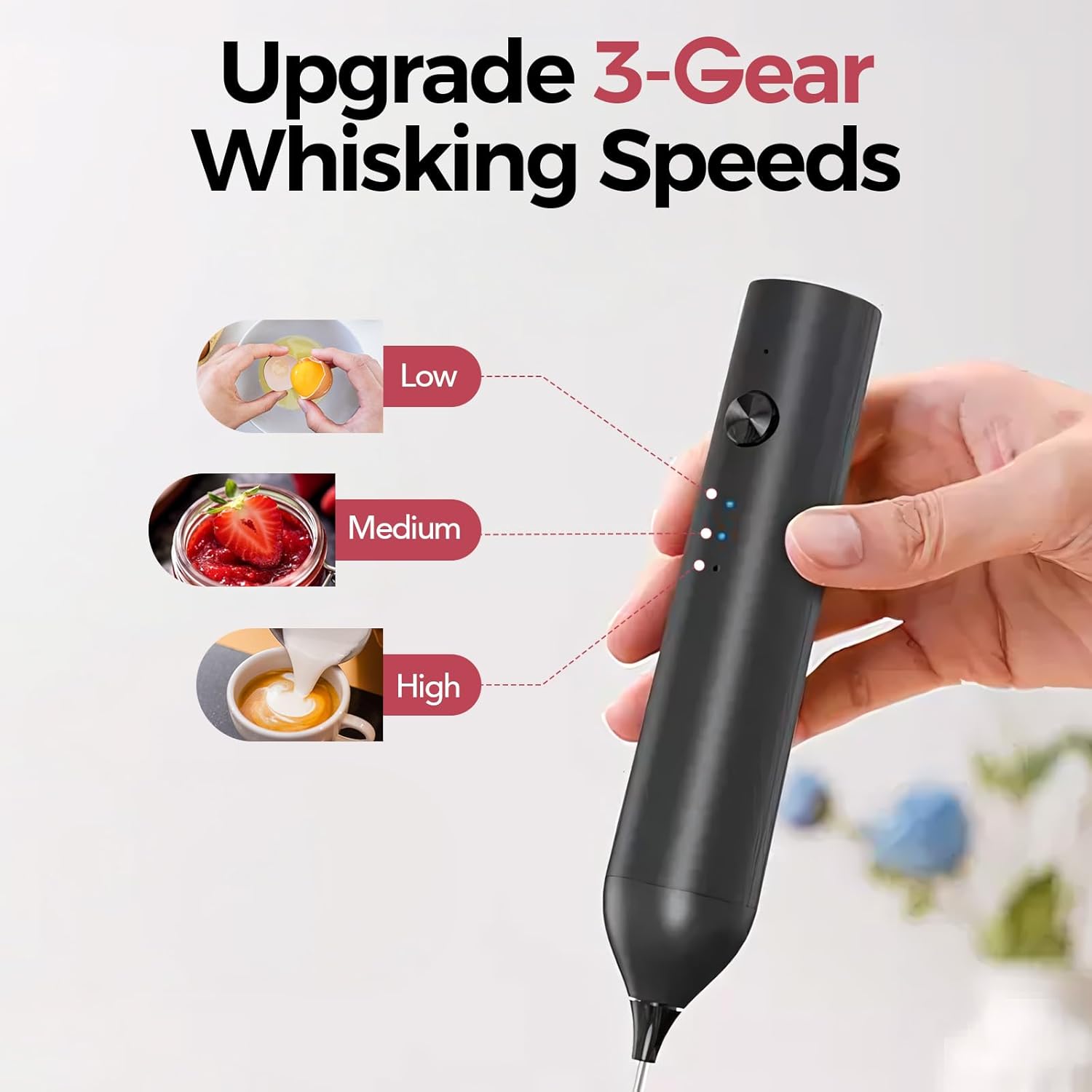 YARRAMATE Electric Milk Frother Wand, Fast Rechargeable Coffee Mixer with 2 Heads 3 Speeds, Handheld Drink Stirrer, Whisk Foam Maker for Lattes, Cappuccino, Matcha, Hot Chocolate (Black)