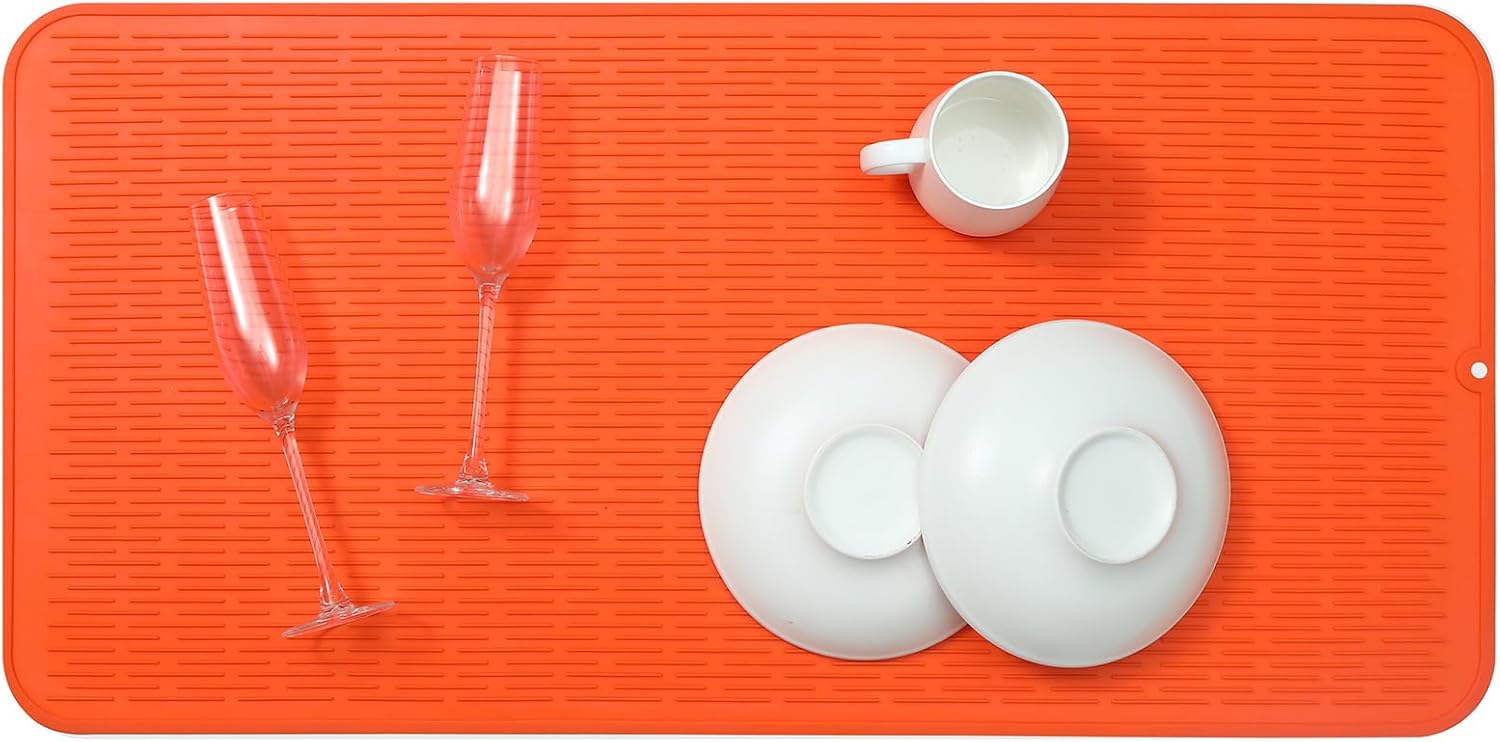 Silicone Dish Drying Mat for Multiple Usage,Easy clean,Eco-friendly,Heat-resistant Silicone Mat for Kitchen Counter or Sink,Refrigerator or Drawer Liner Orange 5XL 36inches x 18inches