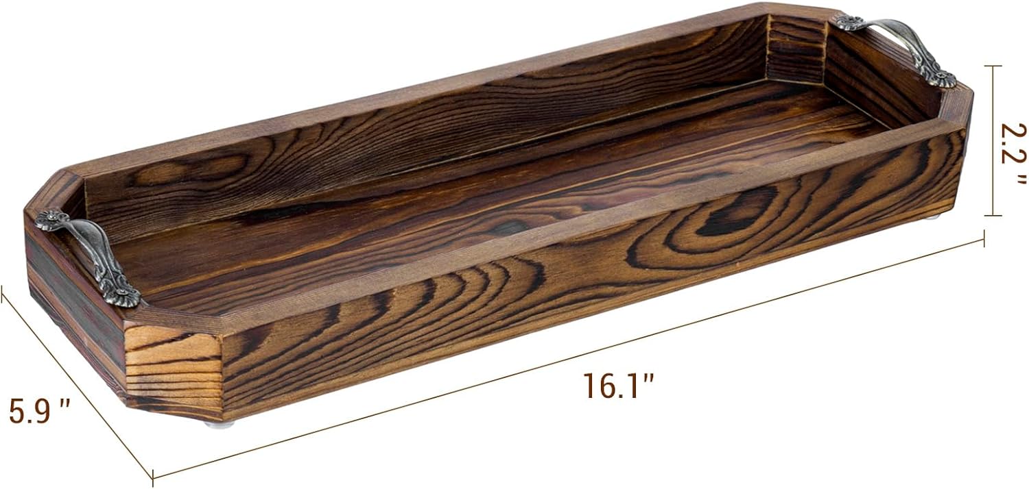 MyGift Wooden Vanity Tray, Rustic Burnt Solid Wood Toilet Tank Tray - Decorative Octagonal Cosmetic Organizer with Antique Metal Handles