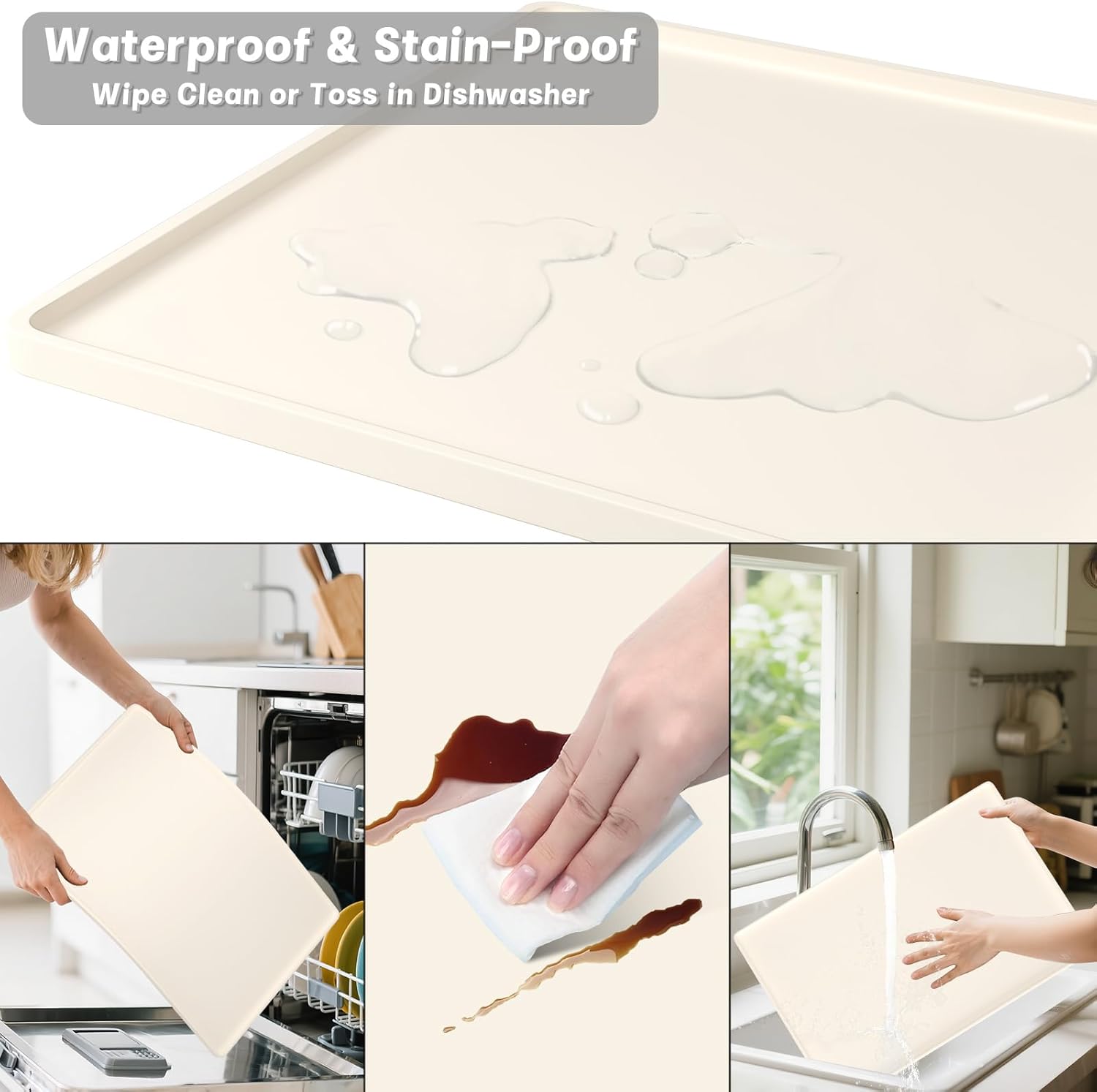 Rnivvi Silicone Coffee Mat, 16" x 24" Waterproof Raised Edge Coffee Bar Mats for Espresso Machine Station Accessories, Heat Resistant Detachable Dish Drying Pad for Kitchen Counter, Dish Rack, Beige