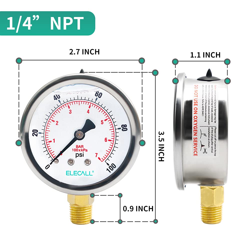 ELECALL 2-1/2” Glycerin Filled Pressure Gauge, 0-100Psi, 1/4”NPT Lower Mount, Stainless Steel Case, Brass Internals, Water Pressure Gauge