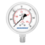 MEASUREMAN Fully Stainless Steel Hydraulic Glycerin Filled Pressure Gauge, 2-1/2" Dial Size, 1/4" NPT Lower Mount, 0-60psi/kpa