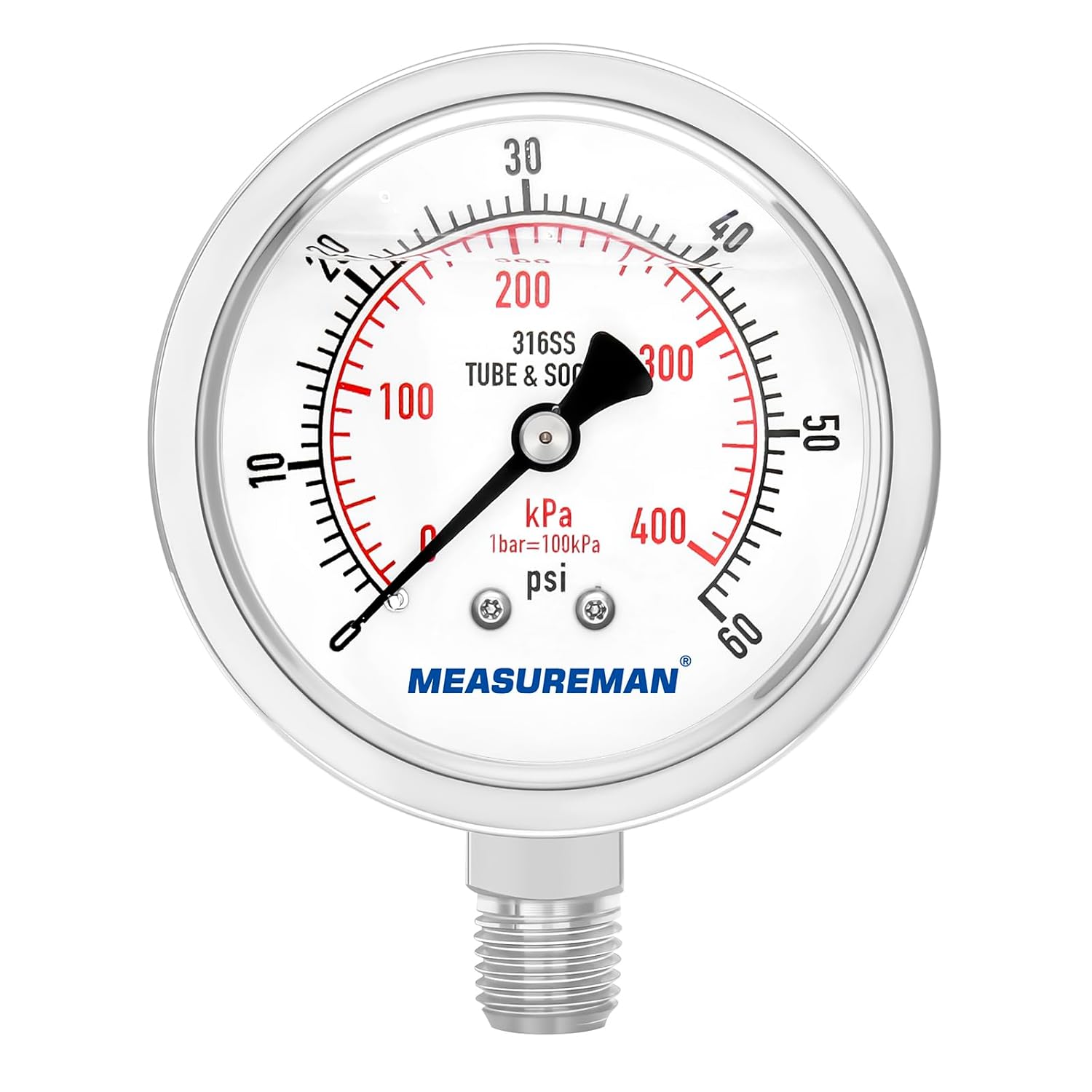 MEASUREMAN Fully Stainless Steel Hydraulic Glycerin Filled Pressure Gauge, 2-1/2" Dial Size, 1/4" NPT Lower Mount, 0-60psi/kpa