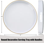 White Round Decorative Tray with Handles, 13" Versatile Serving Tray for Coffee Table, Ottoman, Ideal for Serving, Displaying, Organizing