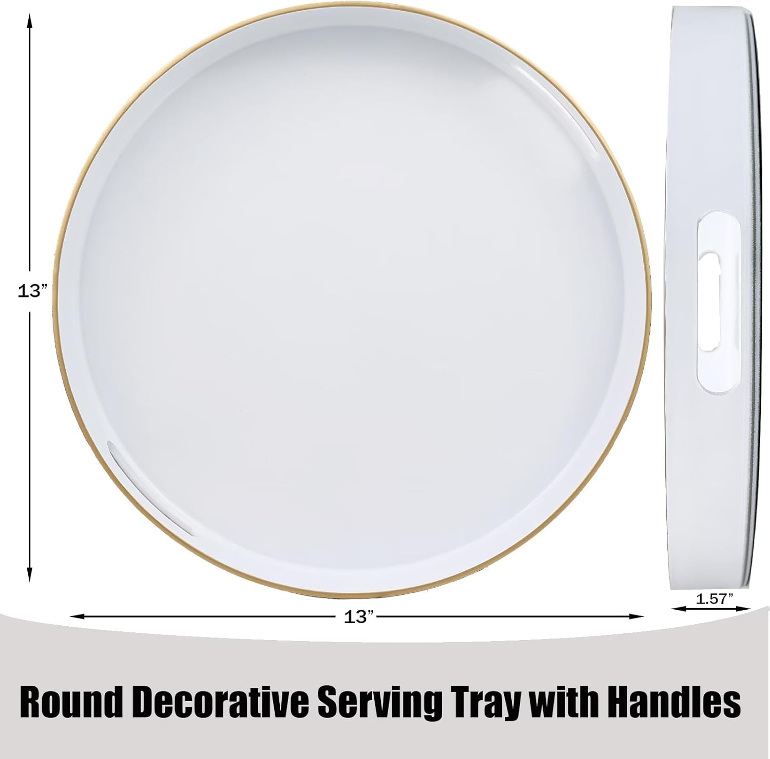 White Round Decorative Tray with Handles, 13" Versatile Serving Tray for Coffee Table, Ottoman, Ideal for Serving, Displaying, Organizing