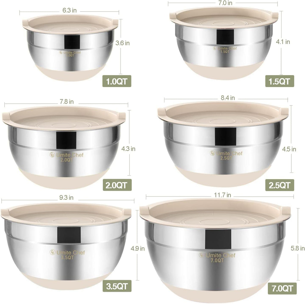 Umite Chef Mixing Bowls with Airtight Lids, 6 piece Stainless Steel Metal Nesting Storage Bowls, Non-Slip Bottoms Size 7, 3.5, 2.5, 2.0,1.5, 1QT, Great for Mixing & Serving (Khaki)