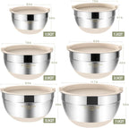 Umite Chef Mixing Bowls with Airtight Lids, 6 piece Stainless Steel Metal Nesting Storage Bowls, Non-Slip Bottoms Size 7, 3.5, 2.5, 2.0,1.5, 1QT, Great for Mixing & Serving (Khaki)