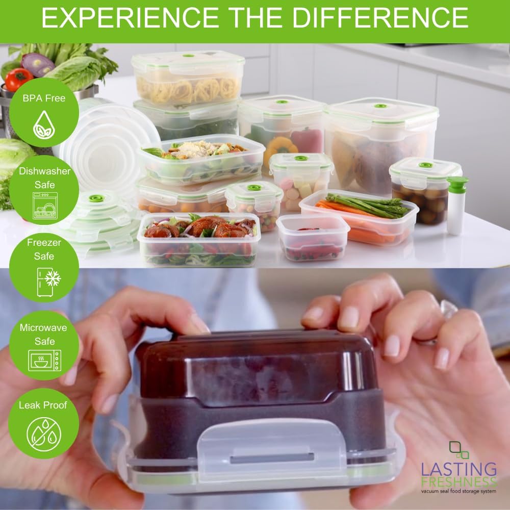 Lasting Freshness 11 piece Vacuum Seal Food Storage Containers with Vacuum Pump, Airtight and Leak Proof, Vacuum Sealed Food Storage Containers, Meal Prep Containers, Keep Food Fresh up to 5 X Longer