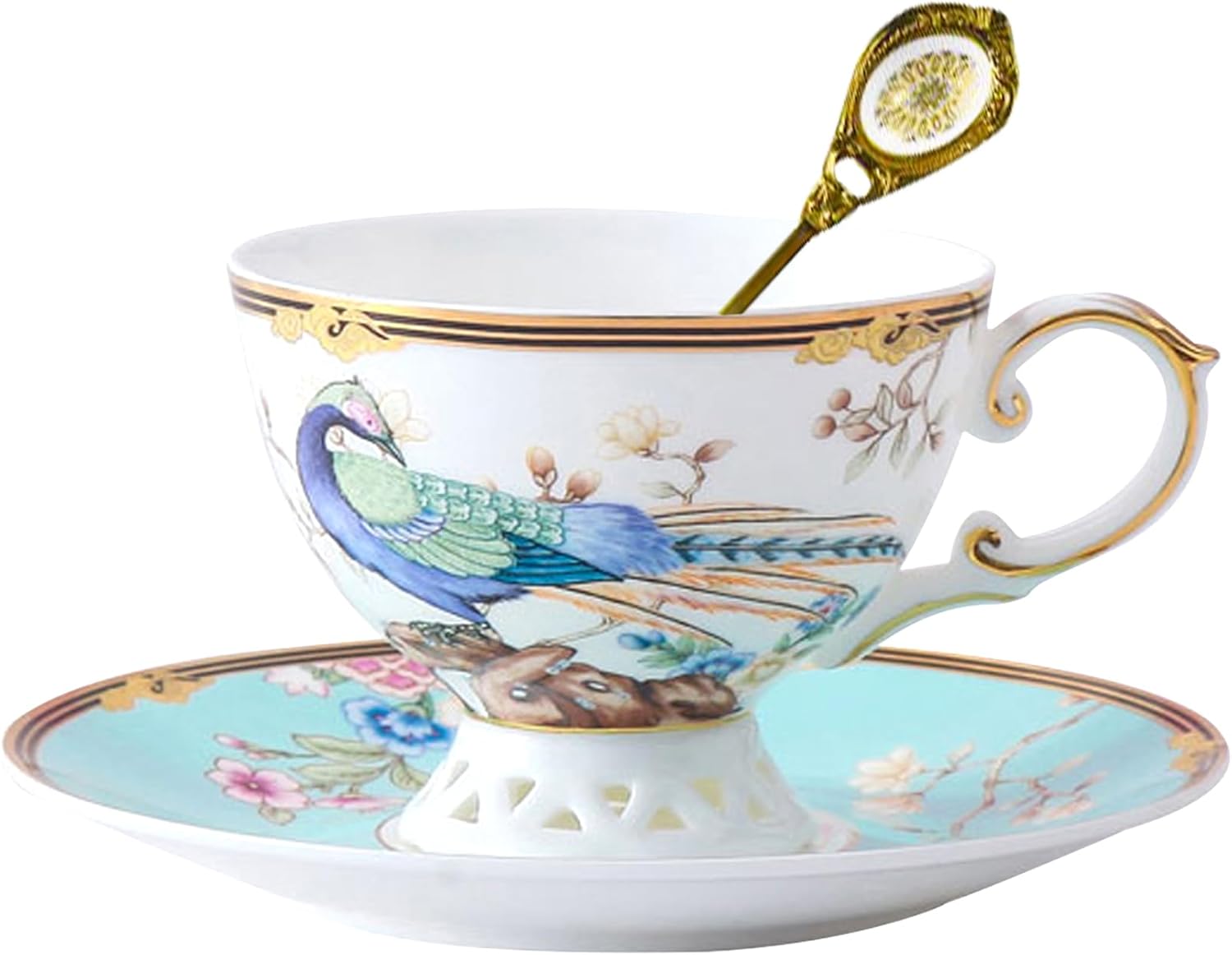 ACMLIFE Bone China Tea Cup and Saucer Set - Bone China Tea Coffee Cup and Saucer Set for 1 Luxury Fine China Tea Cup Set for One Blue Vintage Teacups and Saucers for Women Tea Party or Gift Giving