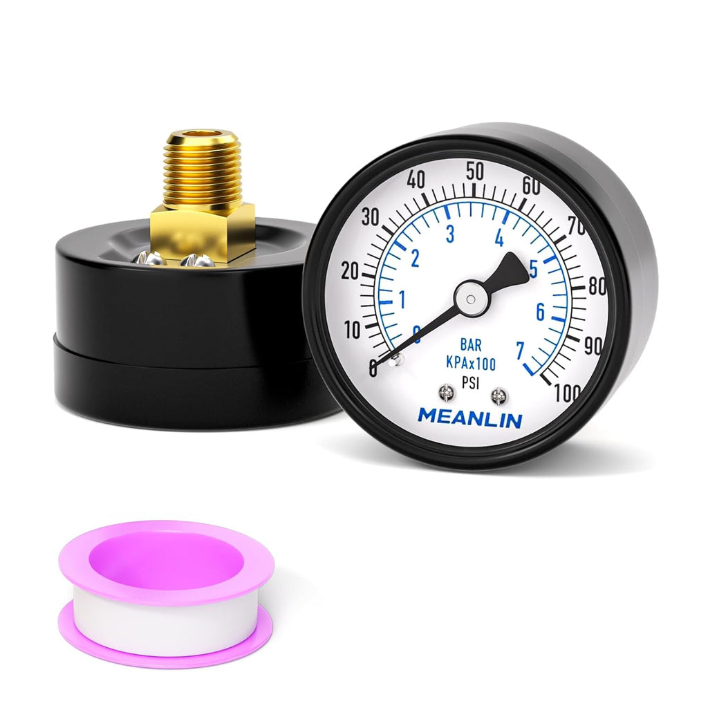 MEANLIN MEASURE 0-100Psi Well Pump Pressure Gauge 1/4" NPT 2" FACE DIAL for Well Pump Water Tire Water Pressure Tester Back Mount, with Teflon Tape