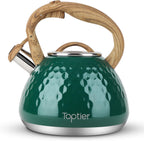 Tea Kettle, Toptier Teapot Whistling Kettle with Wood Pattern Handle Loud Whistle, Food Grade Stainless Steel Tea Pot for Stovetops Induction Diamond Design Water Kettle, 2.7-Quart Dark Green