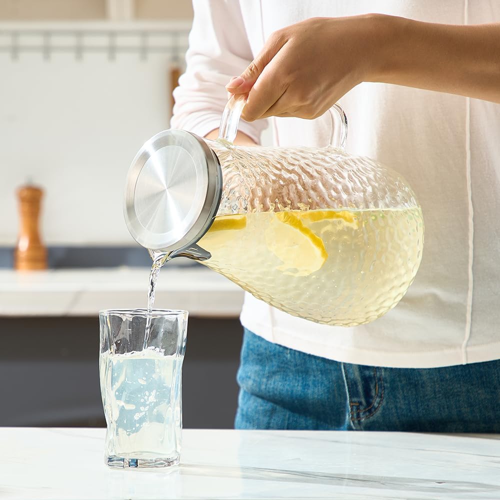 Karafu 78 Ounces/2.3 Liter Glass Pitcher with Lid, Wide Mouth Heat Resistant Water Jug for Hot/Cold Water, Ice tea and Juice Beverage Clear