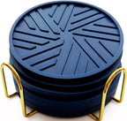 Coasters Set of 6 - Non-Slip Table Coasters for Drinks, Mugs, Glasses, Cups, Bottles - Round Pads with Stylish Groove Patterns & Gold Holder Stand - 4", 0.23" (Navy Blue)