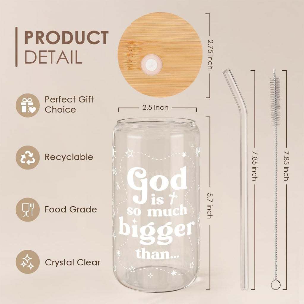 Christian Inspiration16oz Can Glass Tumbler with Bamboo Lid & Straw, Inspirarional Iced Coffee Cup for Women Girls, Religious Gift for Birthday Christmas