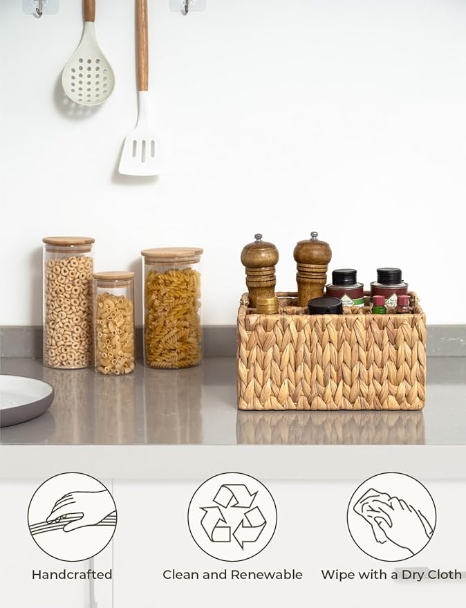 StorageWorks Hand-Woven Wicker Silverware Organizer - Water Hyacinth Cutlery Holder for Countertop with Handle (1-Pack)