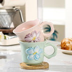 Cute Floral Coffee Mug Set of 4-12oz Ceramic Flower Embossed Cups with Petal Handles, Dishwasher and Microwave Safe