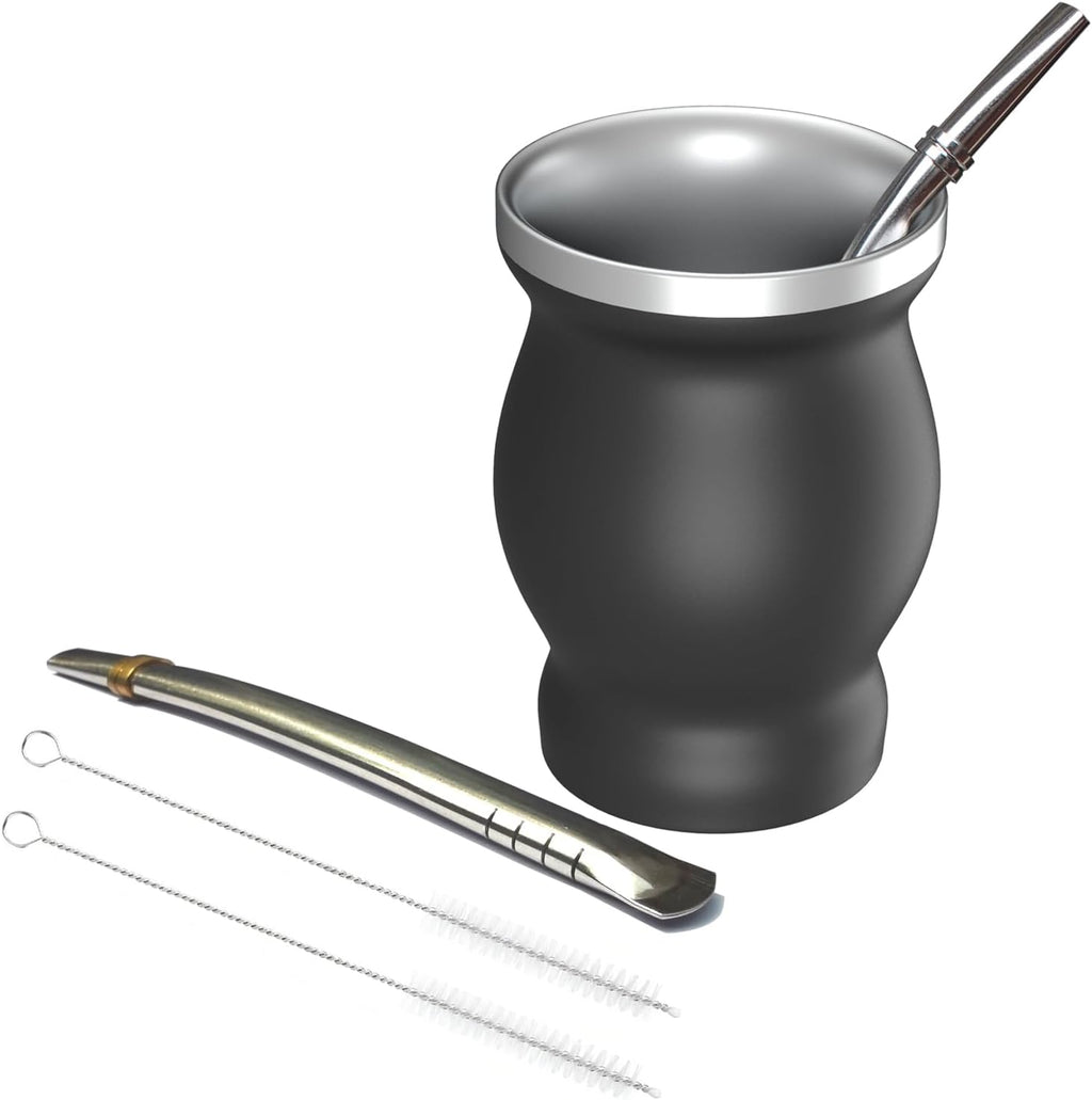 Beruth 8oz Yerba Mate Cup Set, Double Wall 304 Stainless Steel Mate Gourd, Heat Insulated Mug & Anti-Scalding Design, Includes 2 Bombillas & Cleaning Brush （Black）
