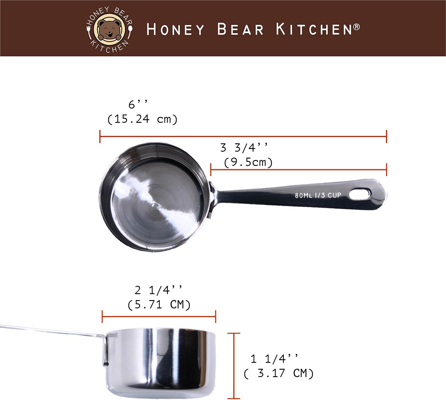 Honey Bear Kitchen 1/3 Cup 80 ml Leave-in Measuring Scoop Cups, Polished Stainless Steel (Set of 2)