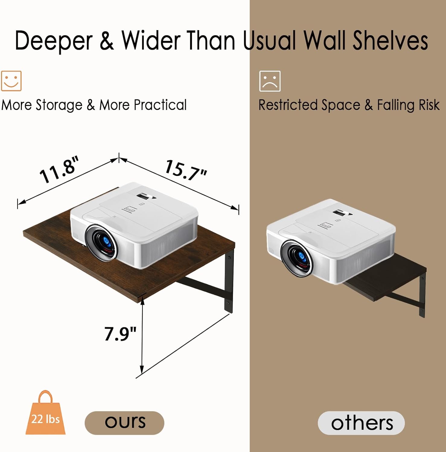 DINZI LVJ Deep Floating Shelves, 16"W x 12"D Wall Shelves Set of 2, Wide Display Shelf Wall Mounted with Brackets, Easy-to-Install Floating Bookshelf for Living Room, Bathroom, Bedroom, Rustic Brown