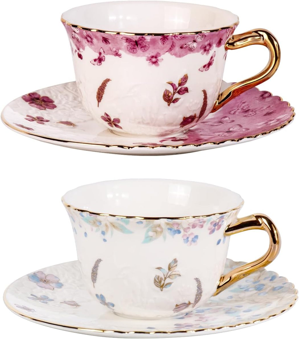 KAMMAK Tea Cups and Saucers Set of 2, Reinforced Porcelain Coffee Cups, 8.5-Ounce Stackable Espresso Mugs, Ceramic Demitasse for Coffee, Cappuccino, Latte, Americano, Tea, Colorful + Butterfly