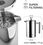 Secura French Press Coffee Maker, 304 Grade Stainless Steel Insulated Coffee Press with 2 Extra Screens, 17oz (0.5 Litre), Silver